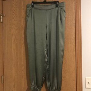 NEW Women's Simply Vera Vera Wang Olive Shiny Pull On Pants. Elastic Leg Cuff. L